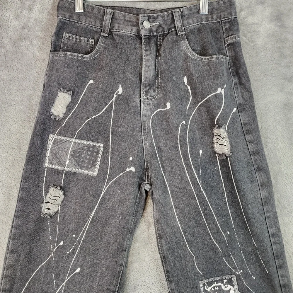 Fashion Jeans Womens 30 in Waist Gray Distressed Graphic Patch Paint Splatter - Picture 7 of 10